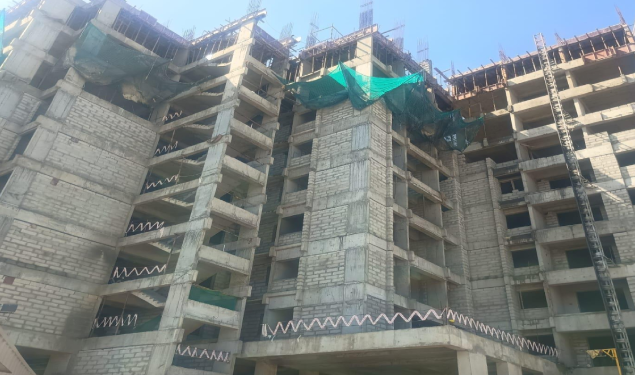 An image of North Side Elevation Work in Progress showing construction status of DRA Polaris residential Flats in Madhavaram, Chennai as on 23rd July 2026