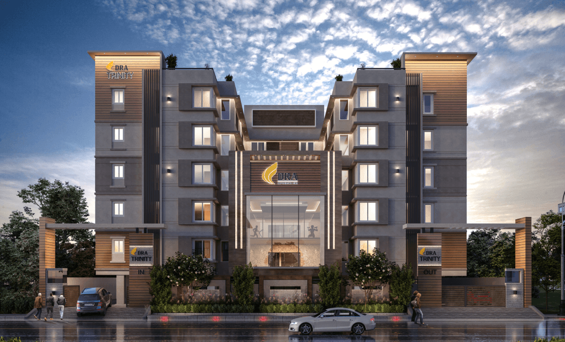 DRA Trinity-A stunning residential project in Chennai Thoraipakkam with a well-lit facade and sleek, urban aesthetics.