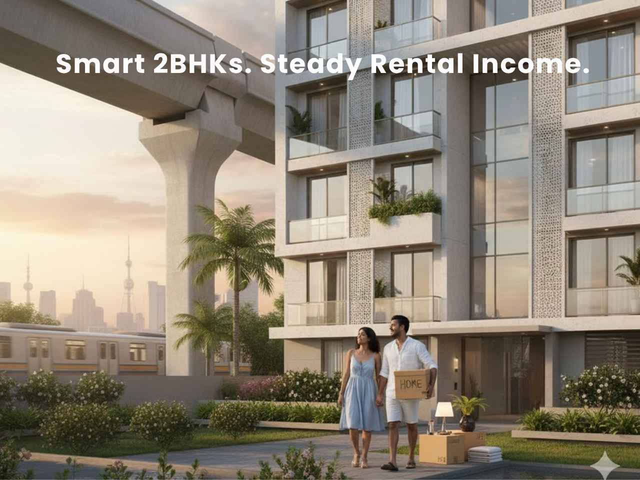 Young couple moving into a modern 2BHK apartment in Chennai with metro connectivity, symbolising strong rental demand and steady income potential.