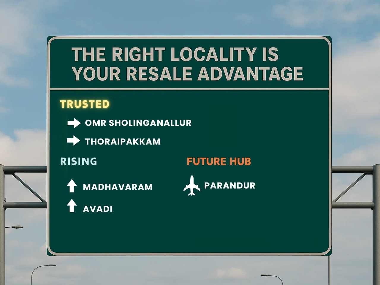 Signboard showing Chennai localities like OMR, Madhavaram, Avadi, Parandur, highlighting resale value advantage.