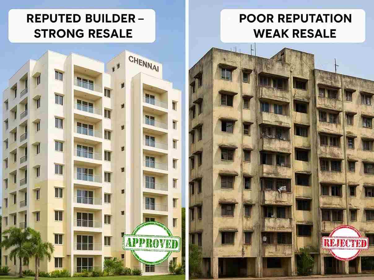 Comparison of a modern Chennai apartment from a reputed builder vs an old poorly maintained flat with weak resale value.