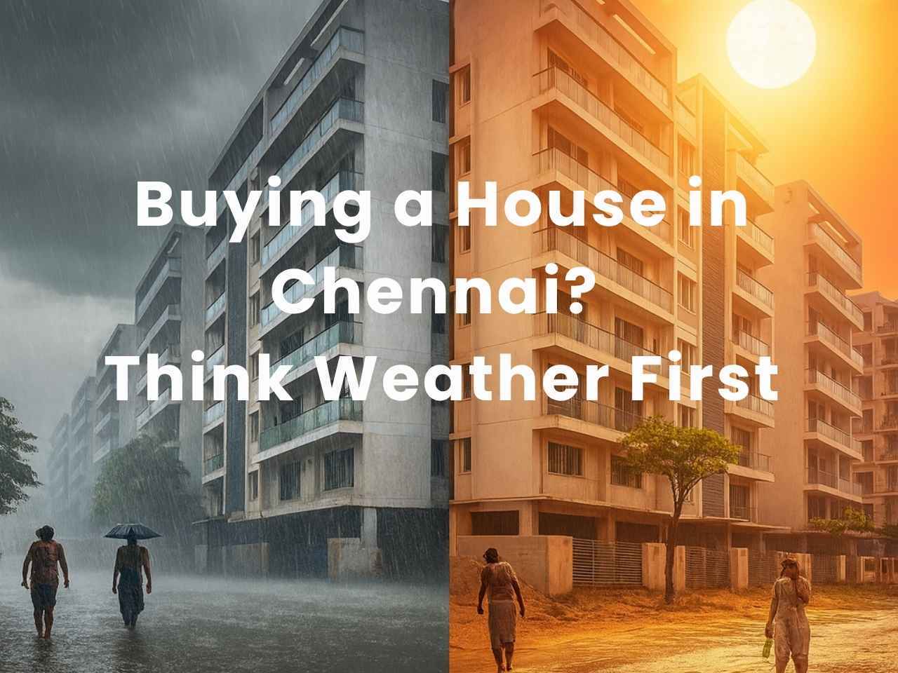 Apartment in Chennai split by weather extremes, one side flooded with rain, the other under scorching summer heat.