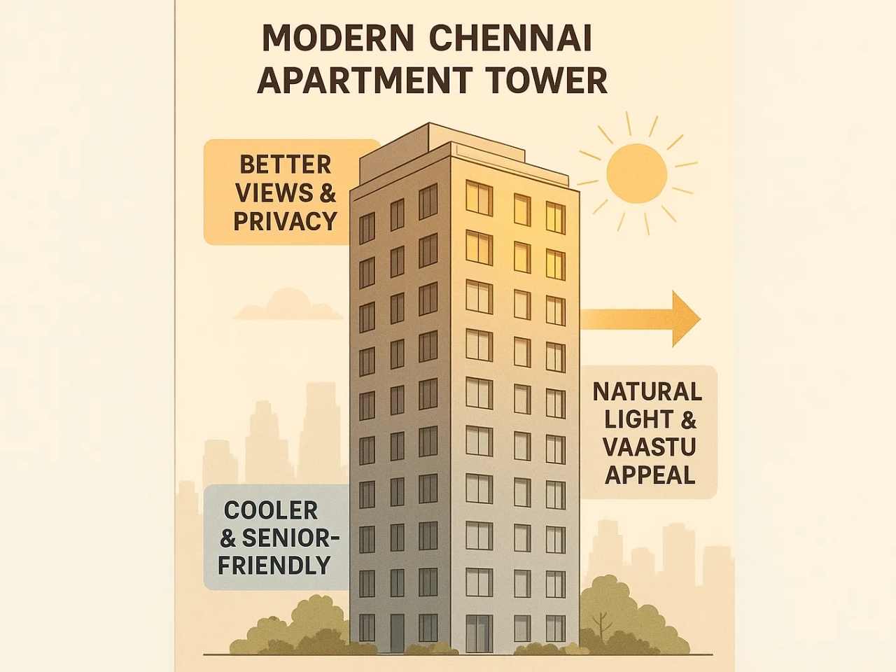 Infographic of a Chennai apartment tower showing lower floors as cooler, upper floors with views, and east-facing orientation for resale value.