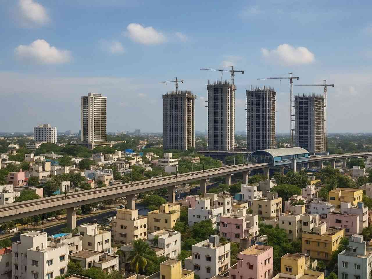 Chennai skyline with high FSI apartments, under-construction high-rise buildings, metro corridor in Guindy OMR zone, vertical growth in Chennai real estate under CMDA Third Master Plan, metro-connected flats in Chennai suburbs.
