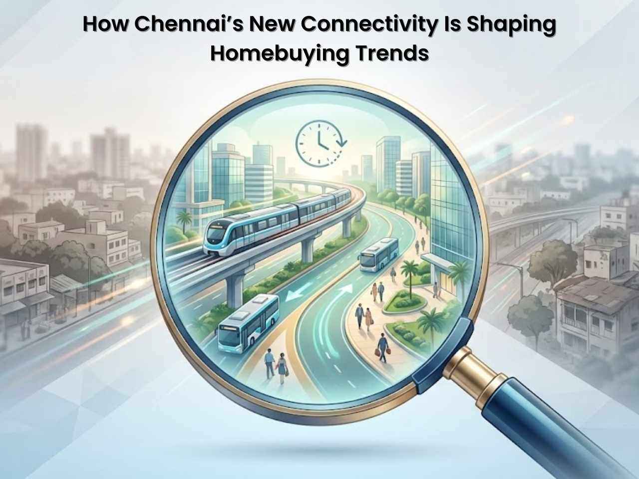 A magnifying glass highlighting Chennai’s improved transport connectivity, metro, buses, commute time, and walkability.