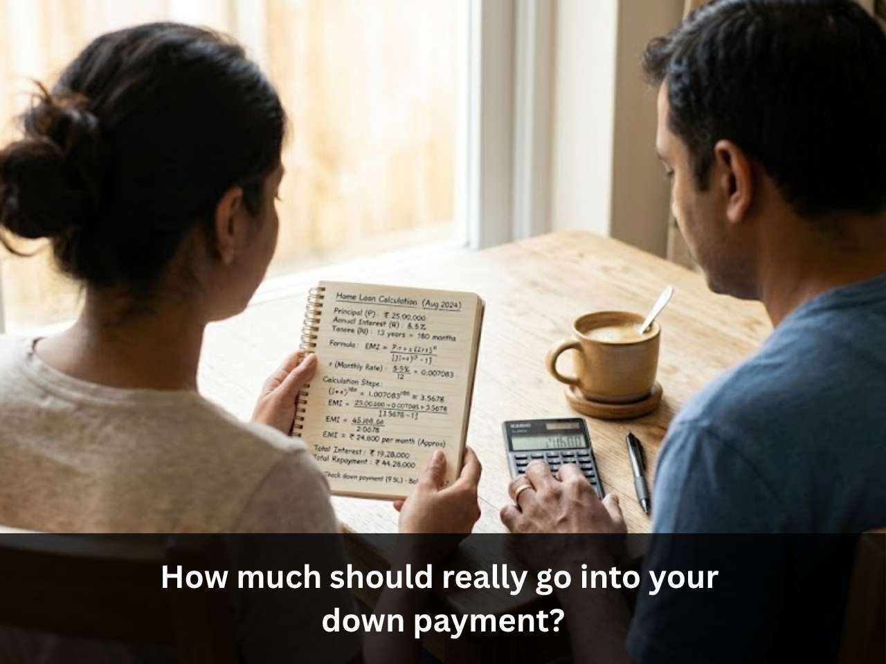 Indian couple reviewing home loan EMI calculations together, planning their down payment before buying a flat in Chennai.