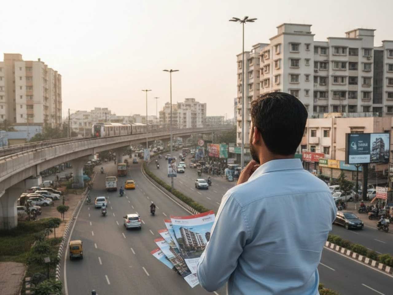 Homebuyer reviewing property brochures while assessing metro connectivity and neighbourhood growth in Chennai.