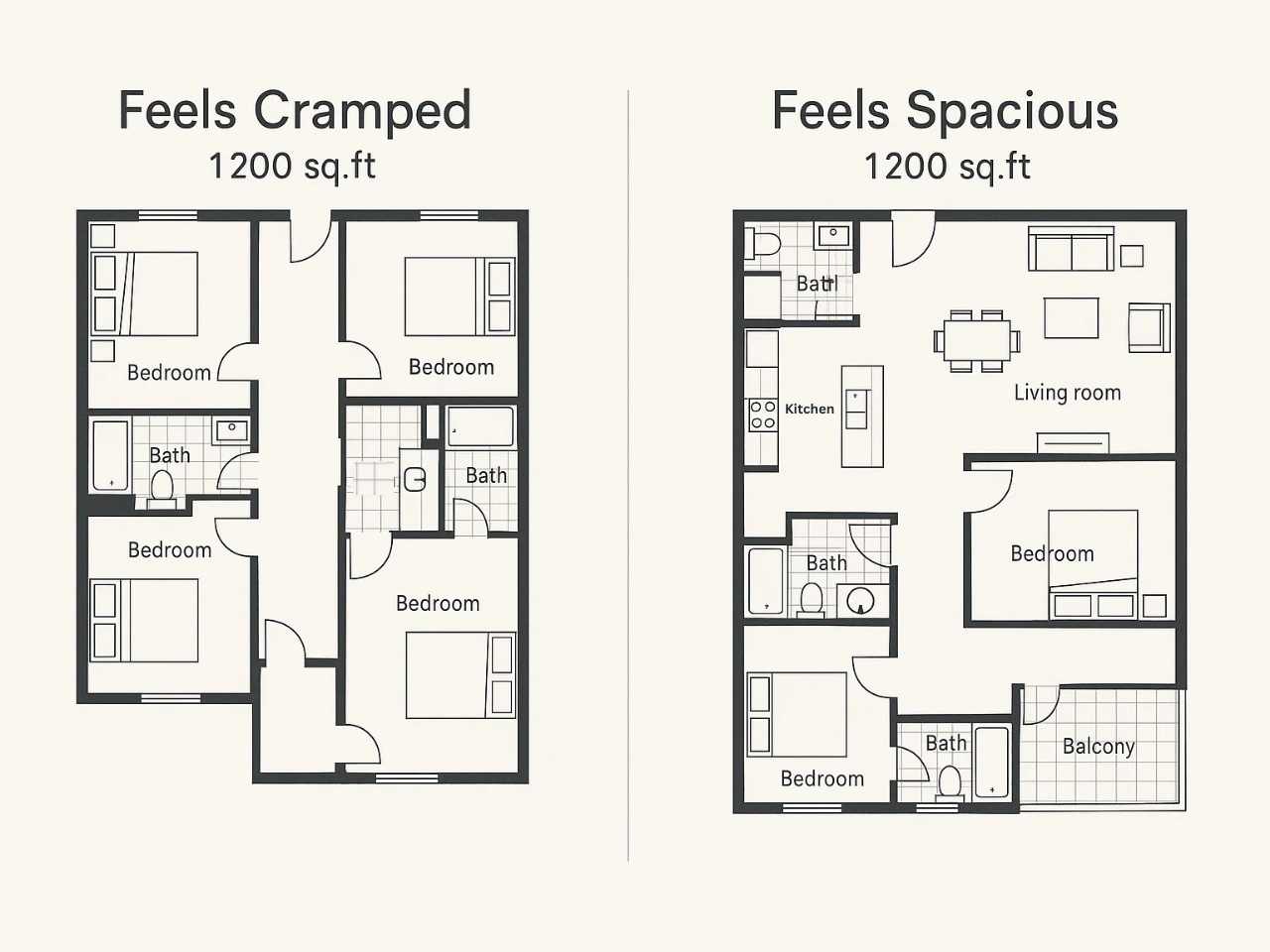 Comparison of 1200 sq.ft. Chennai flats showing poor cramped layout vs spacious functional design, highlighting resale value impact.