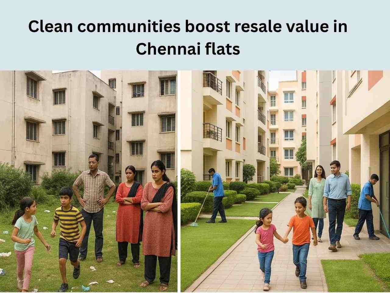 Comparison of neglected vs well-maintained Chennai apartment communities, showing how upkeep impacts resale value.