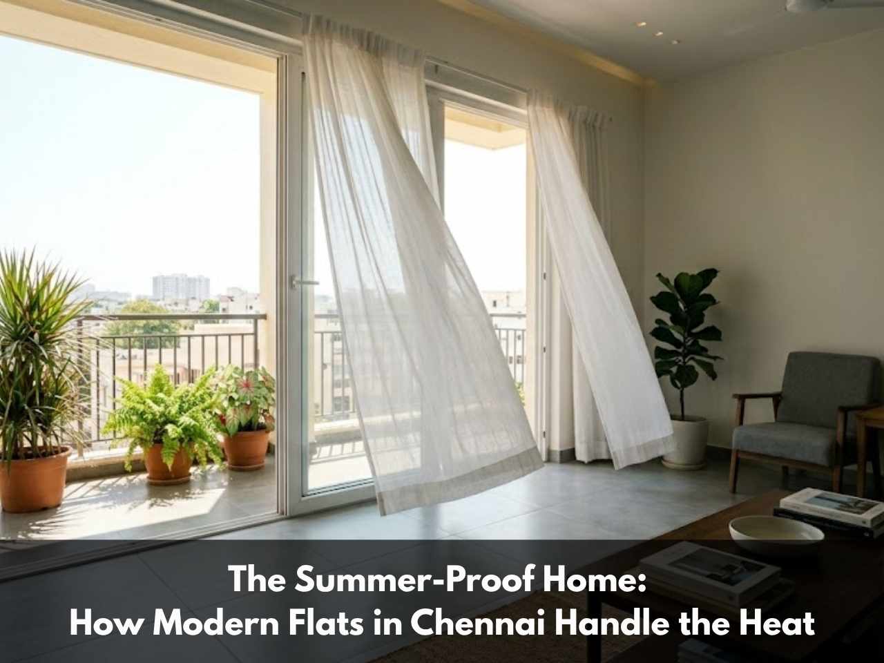 A breezy modern Chennai apartment living room with open balcony doors and flowing curtains, no AC, designed to stay cool naturally.
