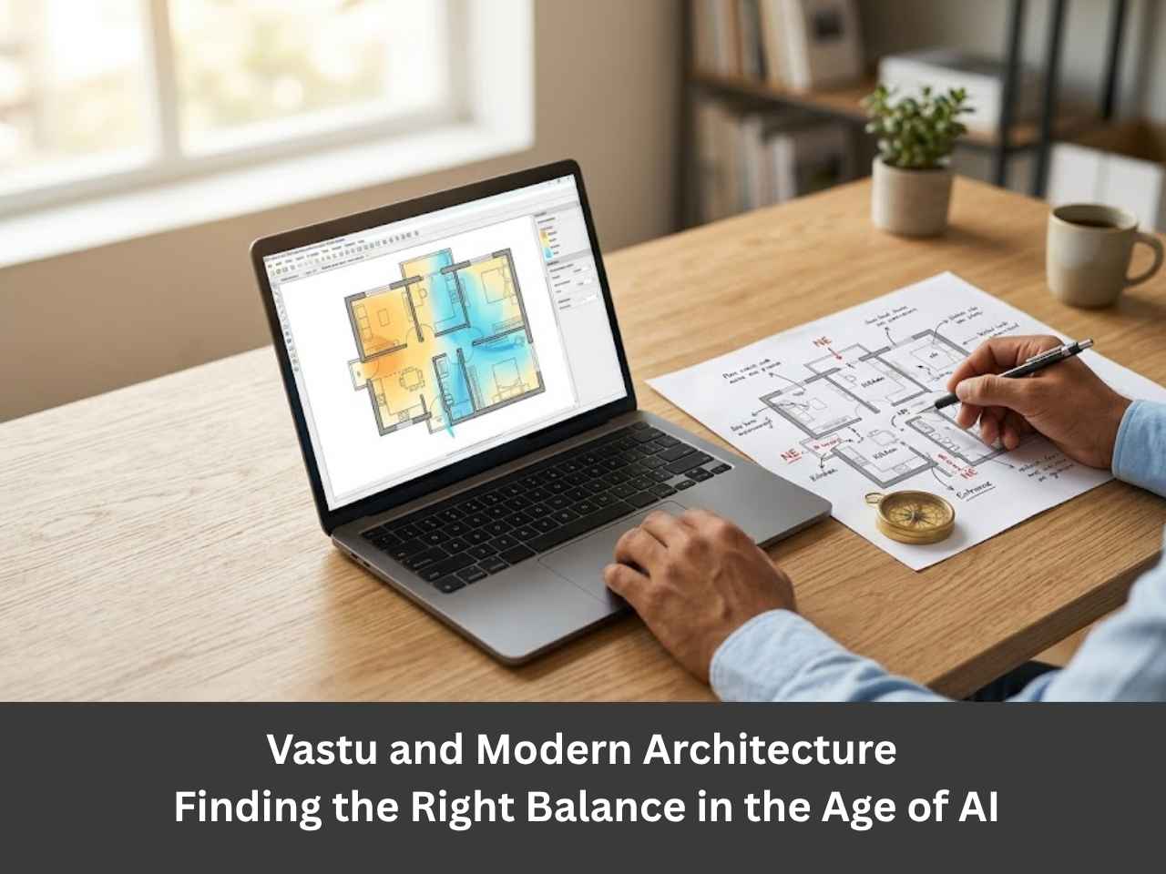 Architect reviewing an AI-generated daylight and airflow simulation on a laptop, alongside a hand-drawn Vastu floor plan with directional notes and a brass compass.