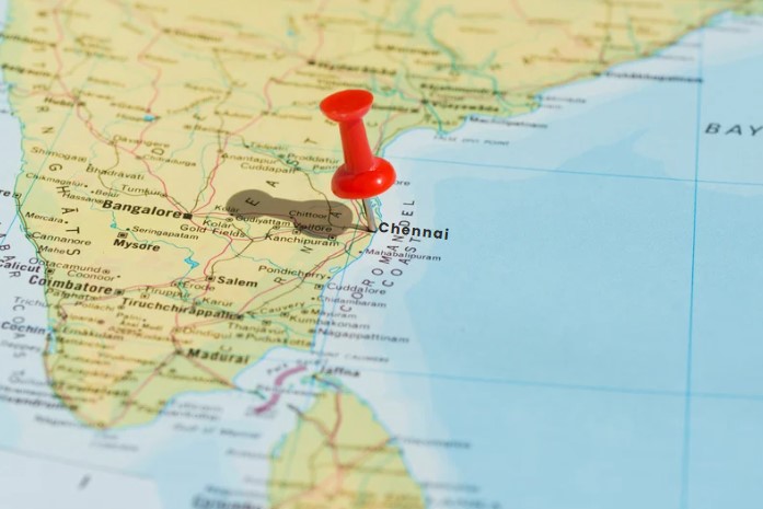 A detailed map of South India with a red pin marking Chennai, showcasing its strategic location as a booming hub for NRI real estate investments in 2025.