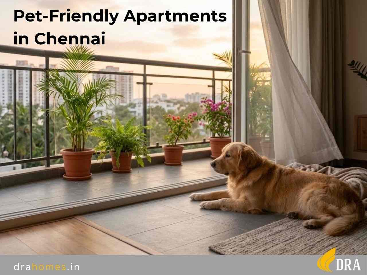 Pet-Friendly Apartments in Chennai: What Today's Homebuyers Look For Golden retriever resting by the balcony door of a pet-friendly apartment in Chennai at sunset.