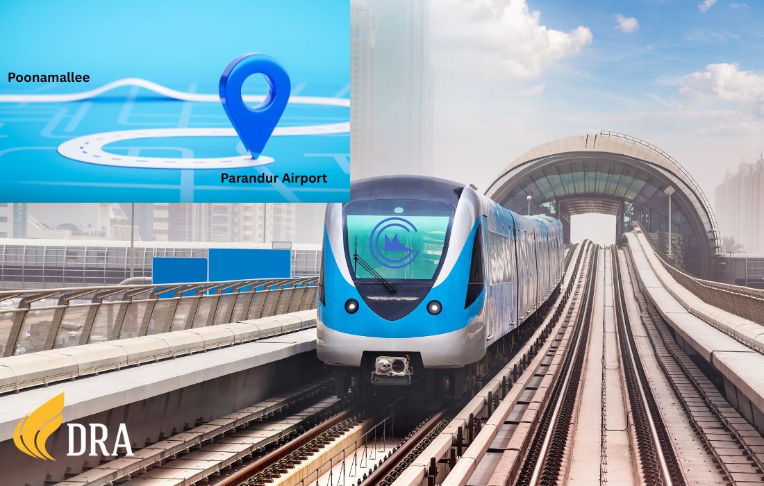 Modern metro train on an elevated track representing the Poonamallee-Parandur Metro extension, boosting connectivity and real estate growth in Chennai.