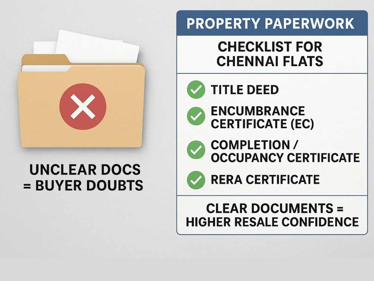 Checklist of property documents for Chennai flats, Title Deed, EC, OC, RERA, showing how paperwork boosts resale value.