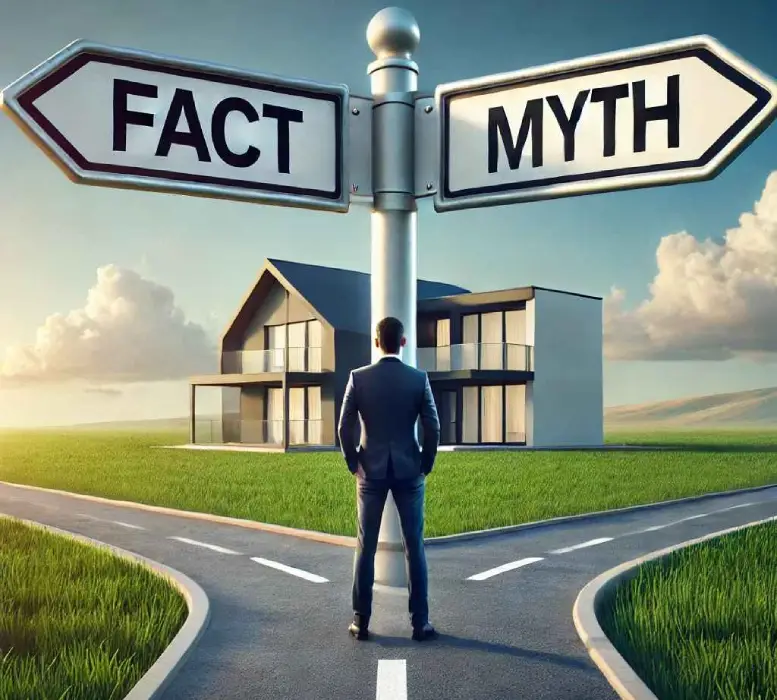 Man at a crossroads, facing 'Fact' and 'Myth' signboards with a house in the center, symbolizing real estate myths vs. facts for homebuyers