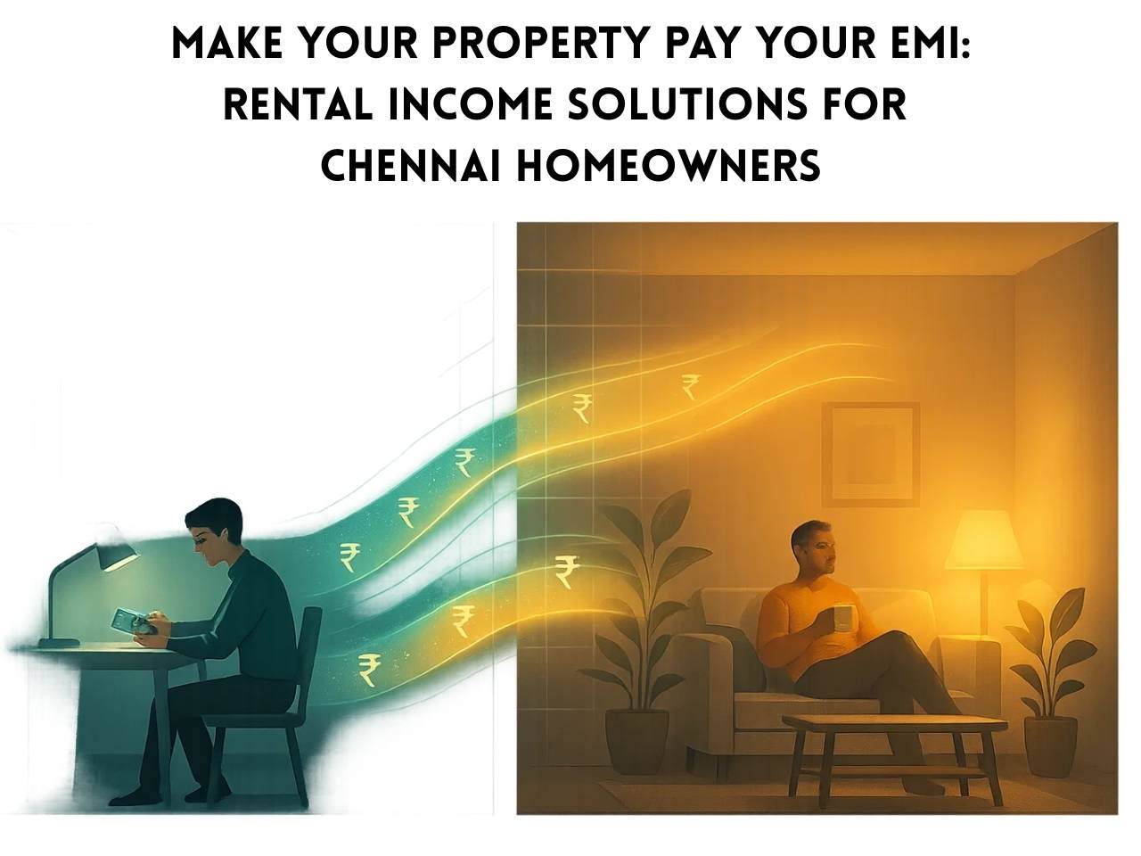 Illustration of house hacking in Chennai with rental income (₹) flowing from tenant to homeowner to reduce EMIs.