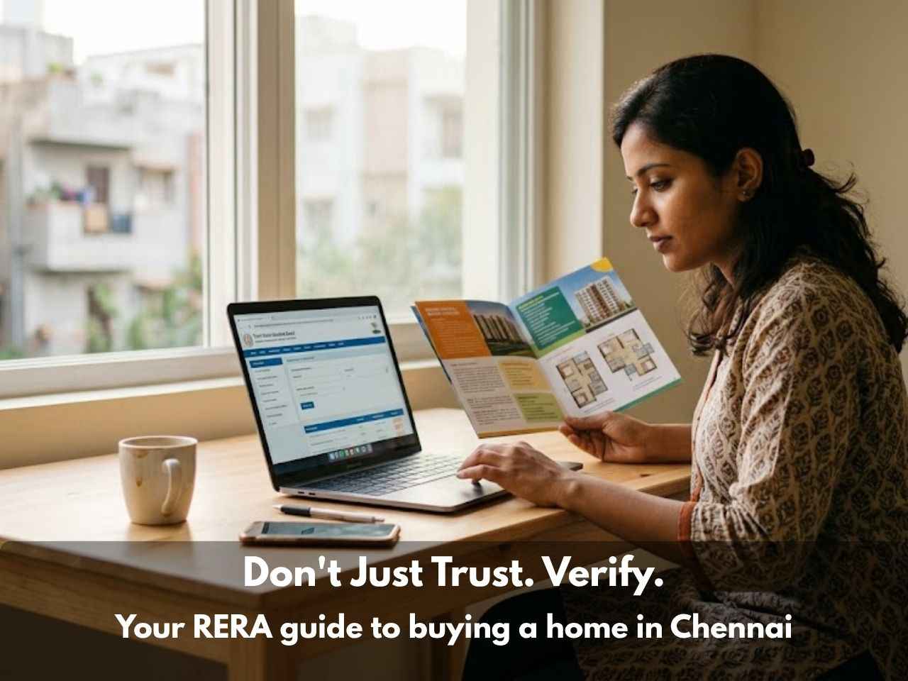 Woman verifying a Chennai flat's RERA registration on the TNRERA portal while reviewing a property brochure.