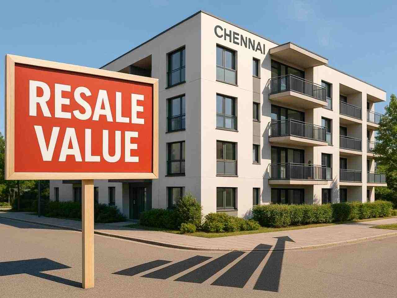 Modern Chennai apartment with a resale value sign and upward arrow, symbolizing flats with strong long-term returns.