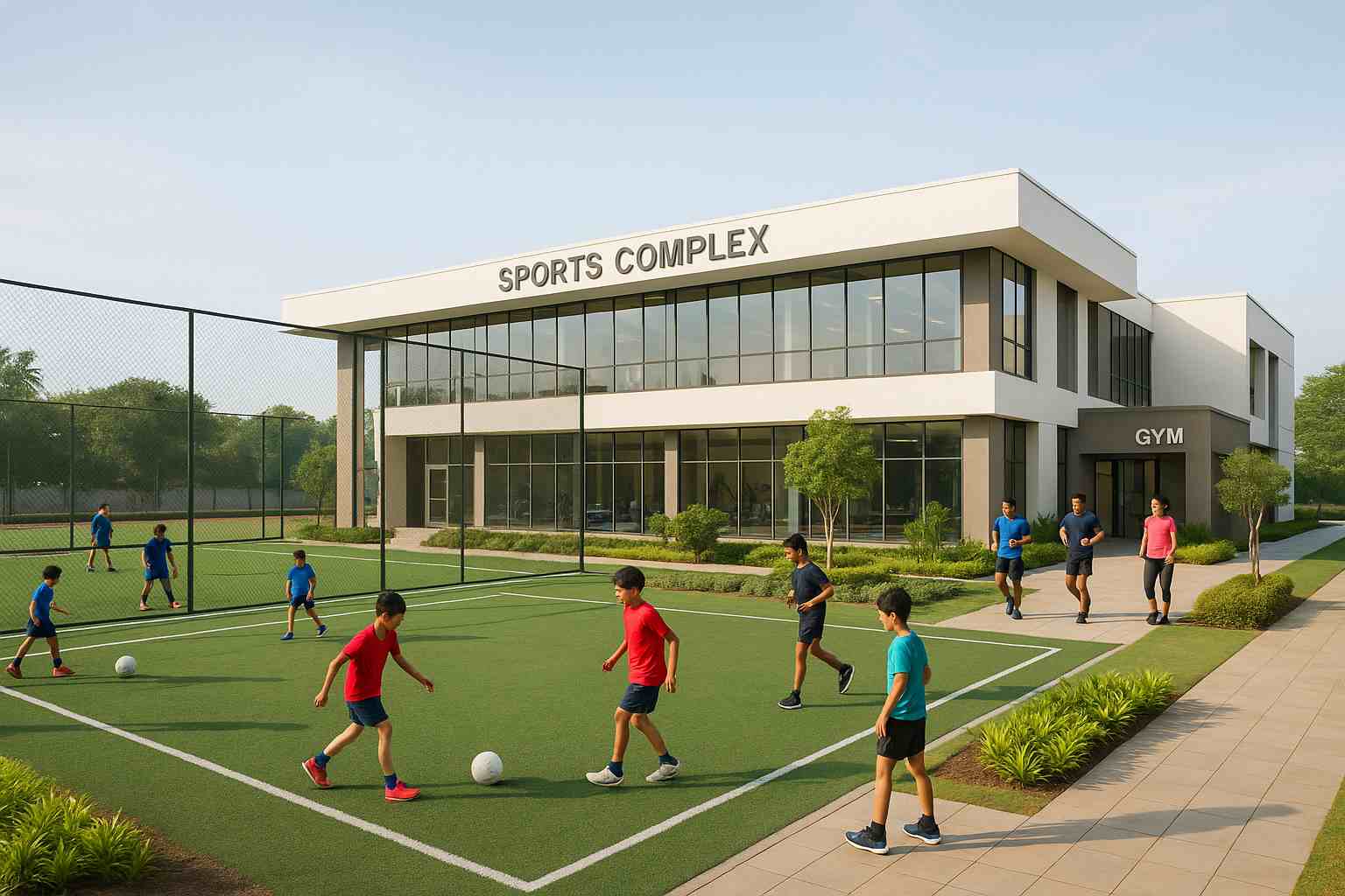 Children playing football at Royapuram Sports Centre, with the modern facility highlighting lifestyle upgrades that boost real estate value in Madhavaram and nearby areas.