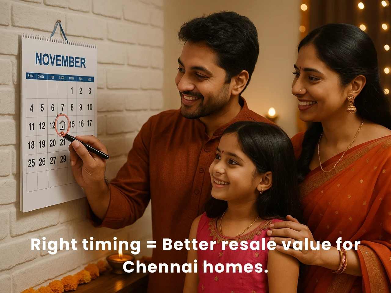 Indian family marking Diwali date on calendar, highlighting how right timing boosts resale value of flats in Chennai.