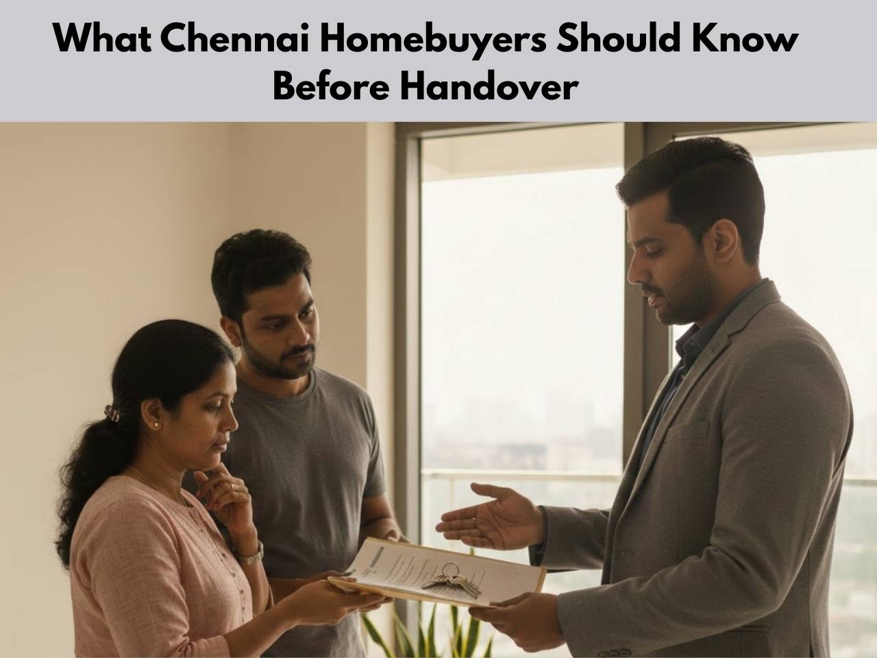 Chennai homebuyers reviewing handover documents with a builder inside a newly completed apartment.