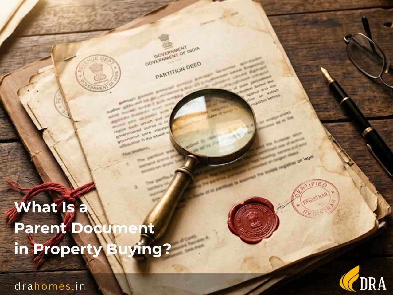 Parent Document in Property Buying in Chennai Aged property documents with red seal and magnifying glass symbolizing a parent document in Chennai Property buying.