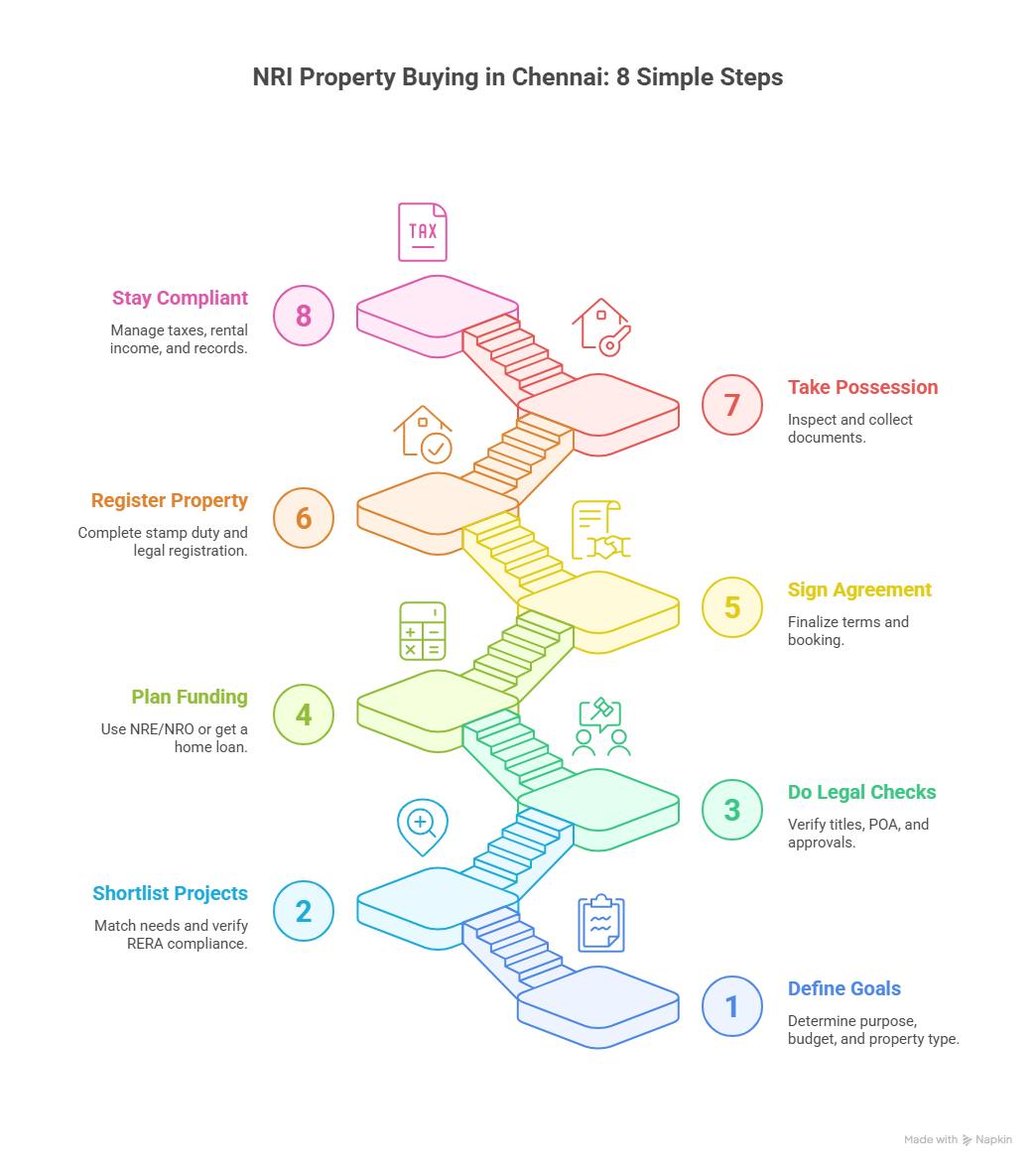 Infographic showing 8 simple steps for NRIs to buy property in Chennai, from defining goals and legal checks to possession and post-purchase compliance.
