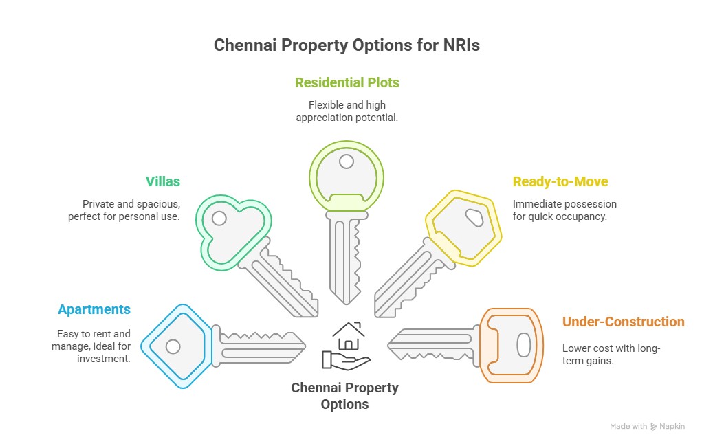 Infographic showing types of properties NRIs can buy in Chennai, including apartments, villas, plots, ready-to-move homes, and under-construction projects.