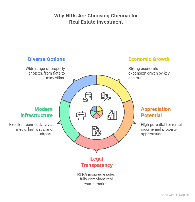 Infographic titled Why NRIs Are Choosing Chennai for Real Estate Investment, highlighting five key factors: diverse property options, strong economic growth, high appreciation potential, legal transparency through RERA, and modern infrastructure with metro and airport connectivity.